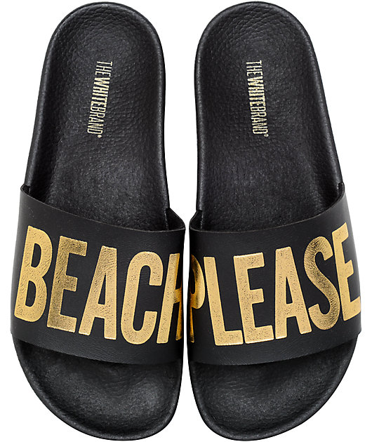 skranke plasticitet lyse TheWhiteBrand Beach Please Black & Gold Slide Women's Sandals | Zumiez