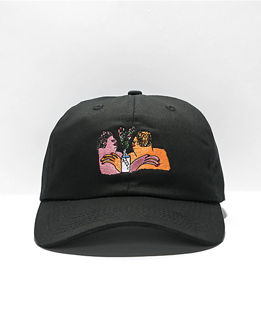 There Flower Embroidered Black Strapback Hat
