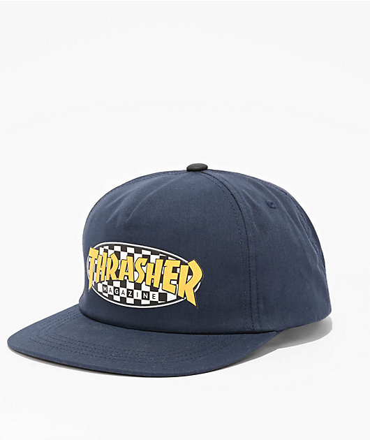 Thrasher Checkered Oval Navy Snapback Hat | Zumiez