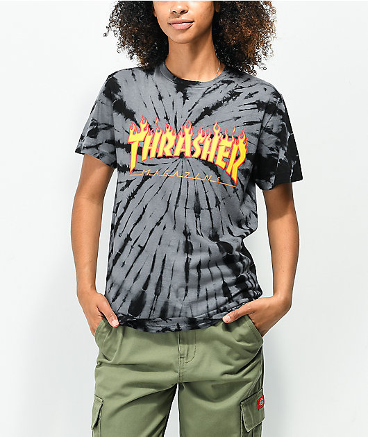 Thrasher Flame Logo Black Grey Tie Dye T-Shirt