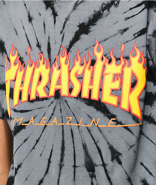 Thrasher Flame Logo Black & Grey Tie Dye T-Shirt | Zumiez