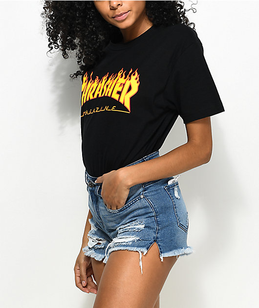 Thrasher Flame Logo Boyfriend Fit Black T Shirt