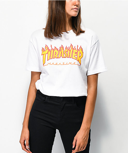 Thrasher Flame Logo Boyfriend Fit White T Shirt Zumiez