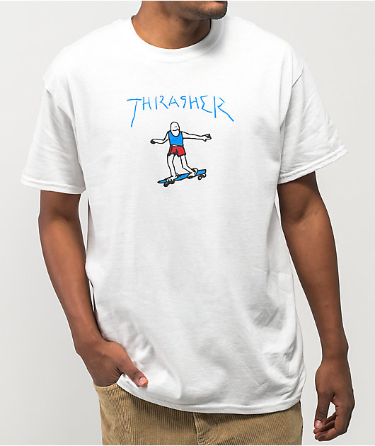 Blue and white thrasher shirt best sale