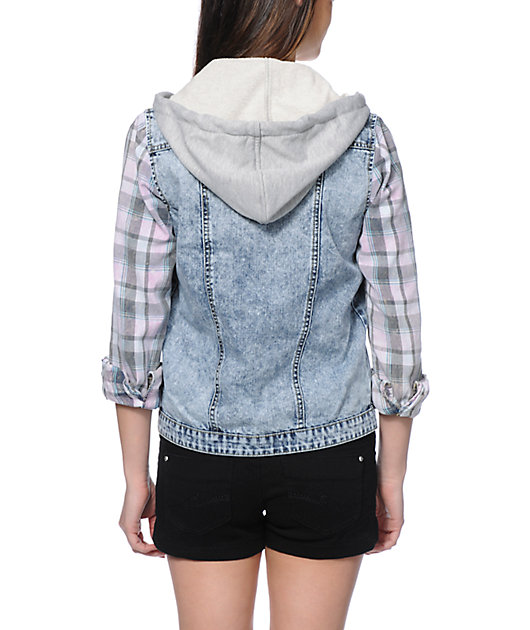 jean jacket with plaid sleeves