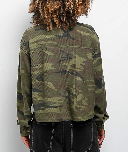 Thread & Supply Ranger Camo Crop Long Sleeve Button Up Shirt | Zumiez