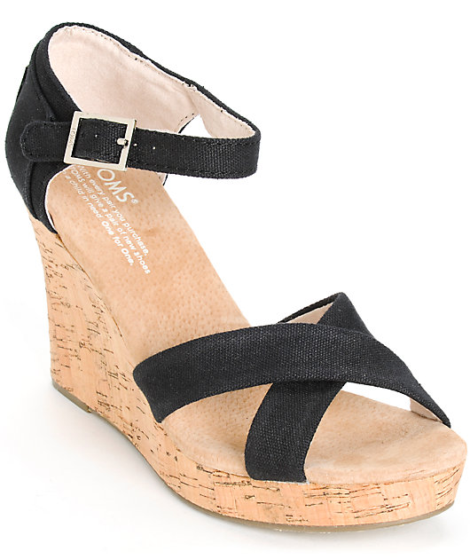 Toms Black Canvas Womens Strappy Wedges 
