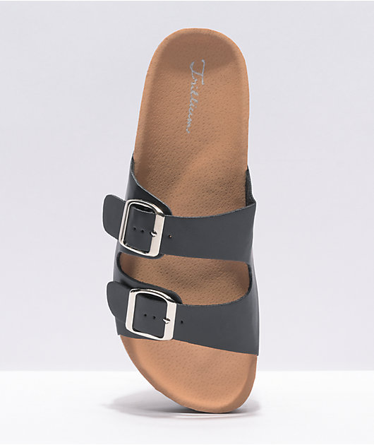 Trillium Black & Tan Two Strap Slide Sandals