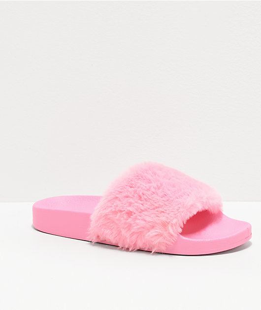 Universal Thread Pink Women's Ember Two Band Faux Fur Slide Sandals 