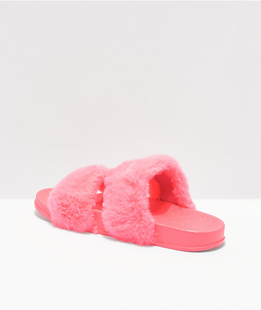 Trillium Double Strap Hot Pink Furry Slide Sandals