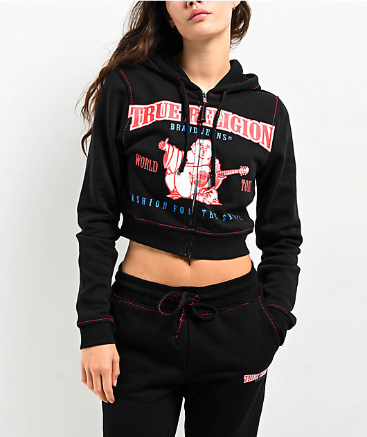 True Religion Anniversary Big T Black Crop Zip Hoodie | Zumiez