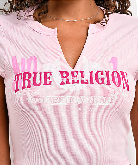 True Religion Appliqué Ribbed V Notch Pink Crop T-Shirt