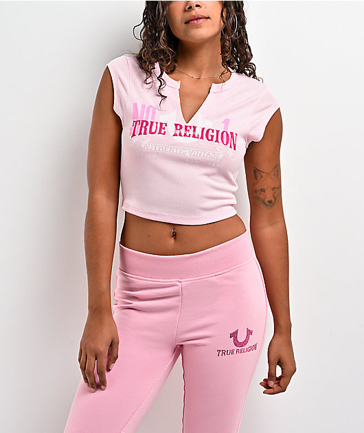True Religion Appliqué Ribbed V Notch Pink Crop T-Shirt