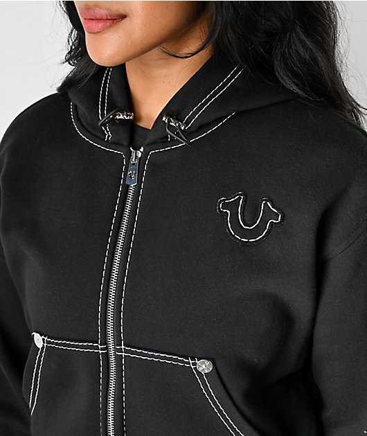 True Religion Applique Black Crop Zip Hoodie