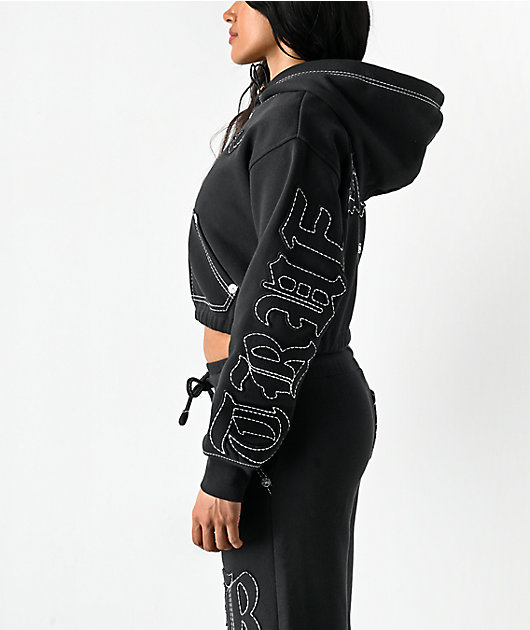 True Religion Applique Black Crop Zip Hoodie