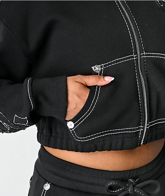 True Religion Applique Black Crop Zip Hoodie