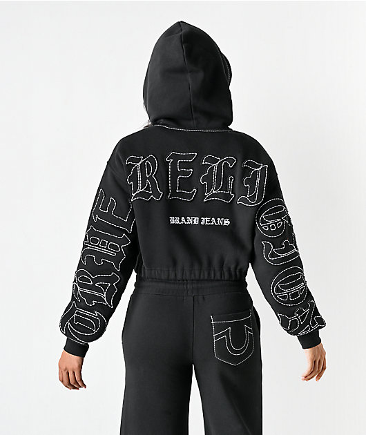 True Religion Applique Black Crop Zip Hoodie
