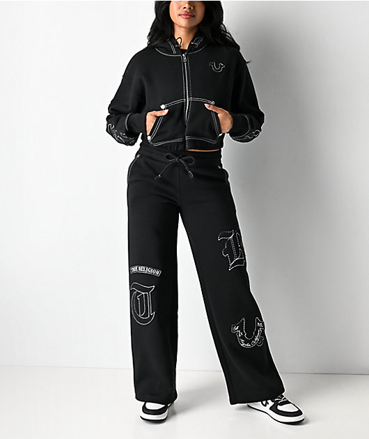 True Religion Applique Black Crop Zip Hoodie | Zumiez
