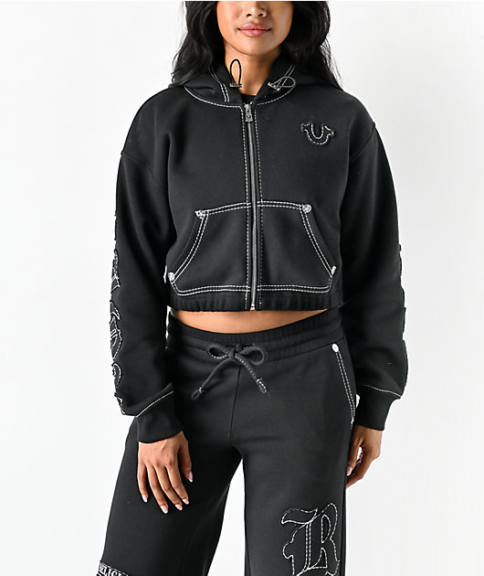 True Religion Applique Black Crop Zip Hoodie | Zumiez