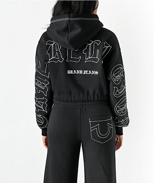 True Religion Applique Black Crop Zip Hoodie | Zumiez