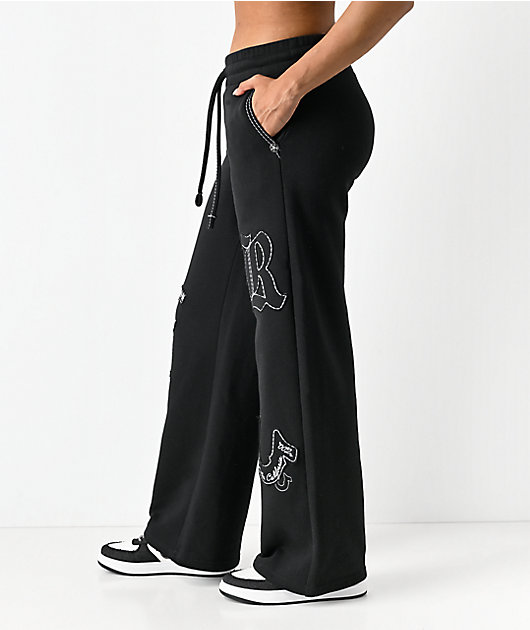 True Religion Applique Black Wide Leg Sweatpants