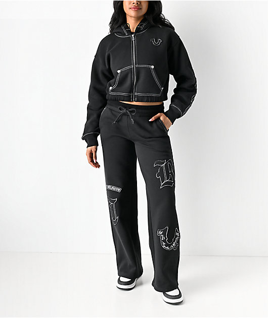 True Religion Applique Black Wide Leg Sweatpants