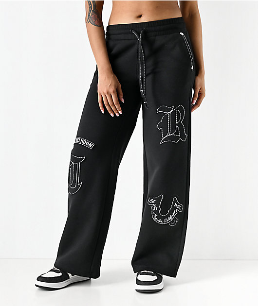 True Religion Applique Black Wide Leg Sweatpants