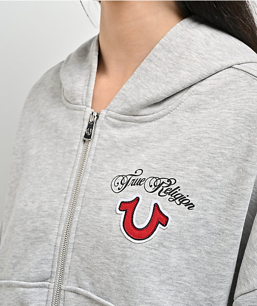 True Religion Applique Girlfriend Grey Crop Zip Hoodie