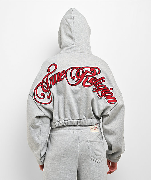 True Religion Applique Girlfriend Grey Crop Zip Hoodie