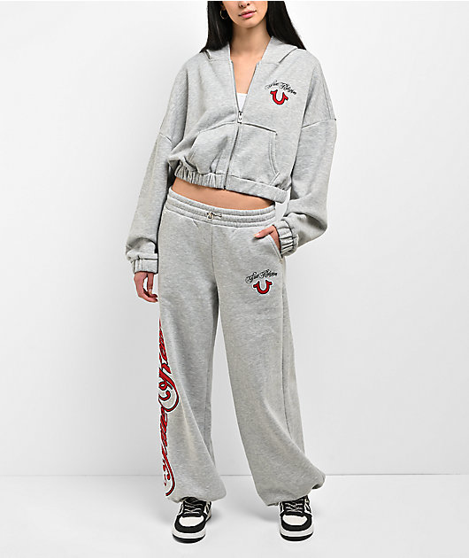 True Religion Applique Girlfriend Grey Crop Zip Hoodie