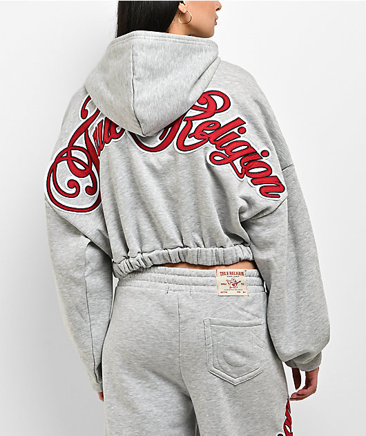 True Religion Applique Girlfriend Grey Crop Zip Hoodie
