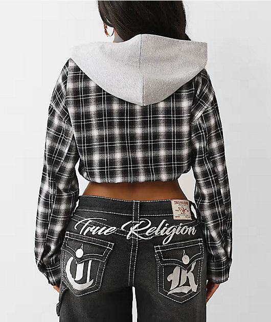 True Religion Applique Shrunken Black Plaid Flannel Crop Zip Hoodie