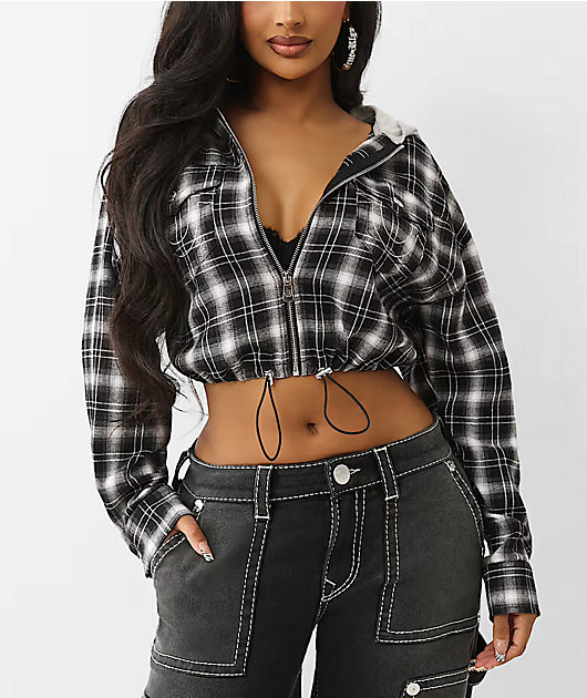 True Religion Applique Shrunken Black Plaid Flannel Crop Zip Hoodie
