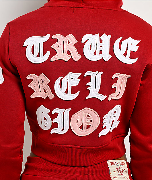 True Religion Applique Shrunken Red Crop Zip Hoodie