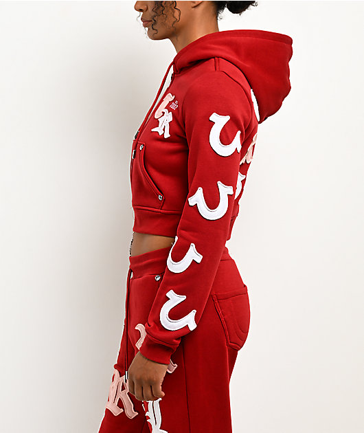 True Religion Applique Shrunken Red Crop Zip Hoodie