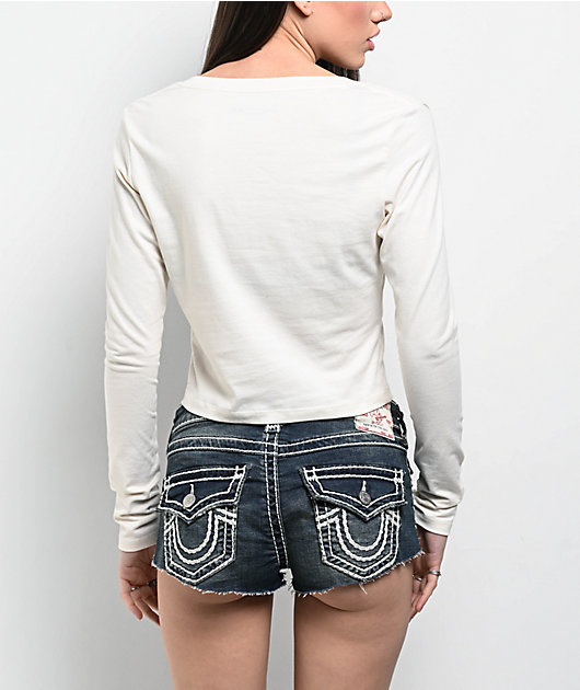 True Religion Applique Winter White Long Sleeve Crop T-Shirt