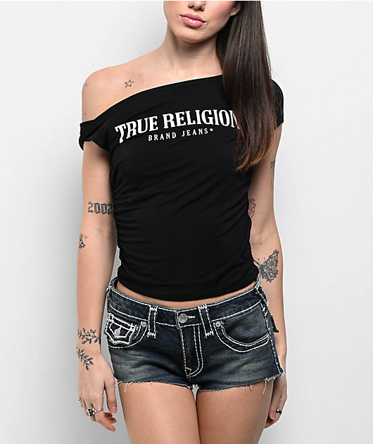 True Religion Asymmetrical Black Crop T-Shirt | Zumiez