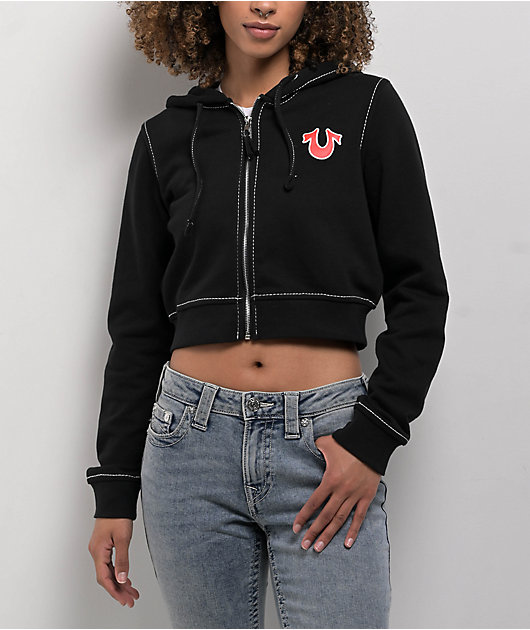 True Religion Big T Black Crop Zip Hoodie