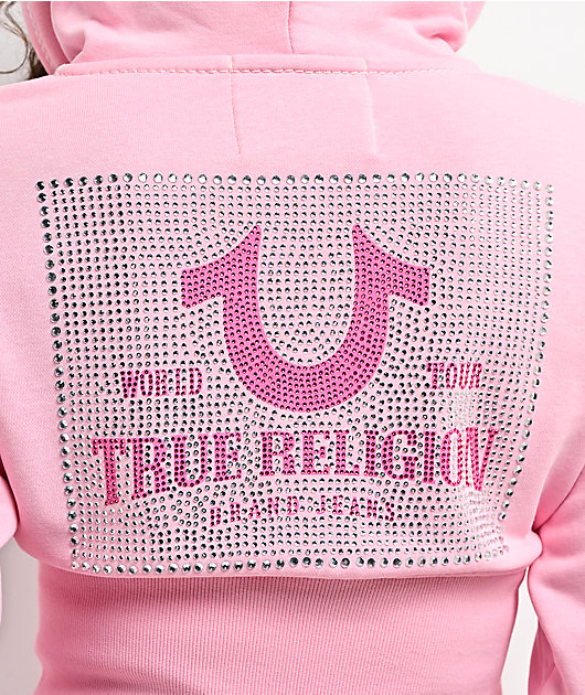 True Religion Big T High Waistband Pink Crop Zip Hoodie