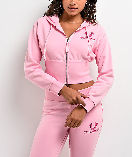 True Religion Big T High Waistband Pink Crop Zip Hoodie