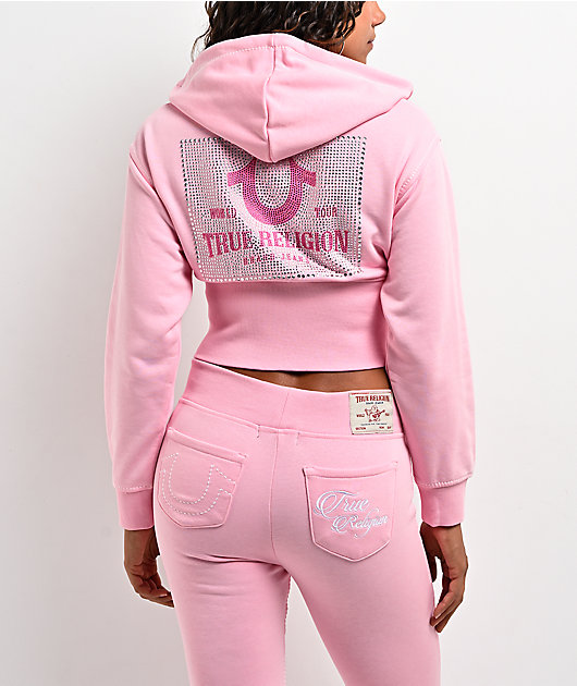 True Religion Big T High Waistband Pink Crop Zip Hoodie