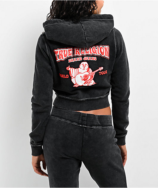 TRUE RELIGION ブラックパーカー XS True Religion Big T Buddha Black Crop Zip Hoodie | Zumiez
