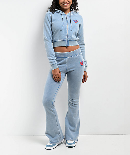 True Religion Big T Logo Blue Wash Crop Zip Hoodie | Zumiez