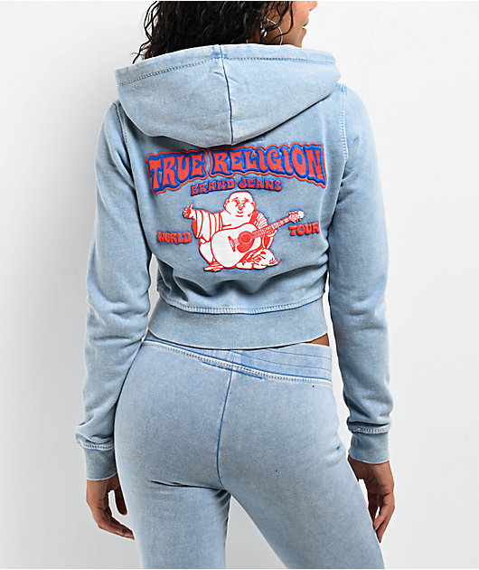 True Religion Big T Logo Blue Wash Crop Zip Hoodie | Zumiez