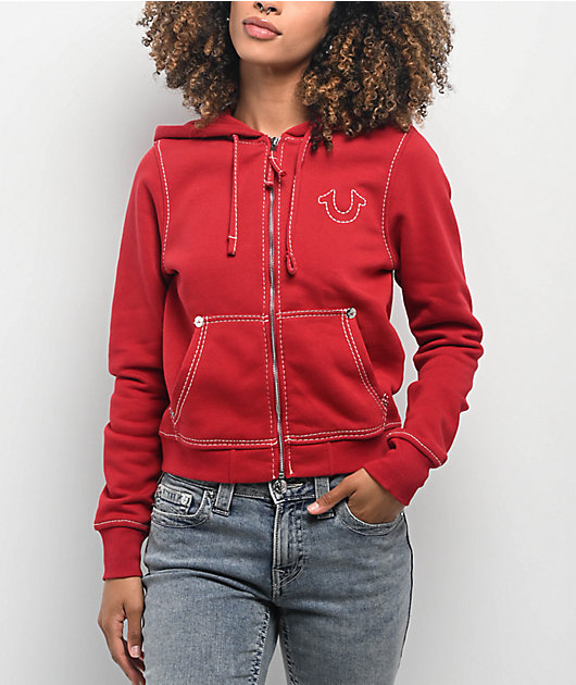 True Religion Big T Logo Red Zip Hoodie