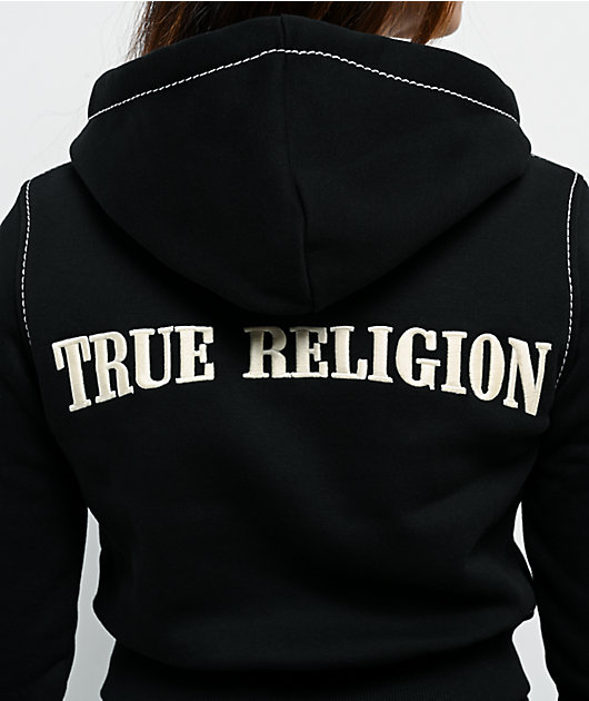 True Religion Big T Shrunken Black Crop Zip Hoodie | Zumiez