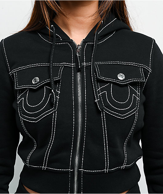 True Religion Big T Shrunken Black Crop Zip Hoodie | Zumiez