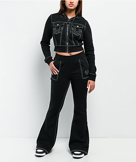 True Religion Big T Shrunken Black Crop Zip Hoodie | Zumiez