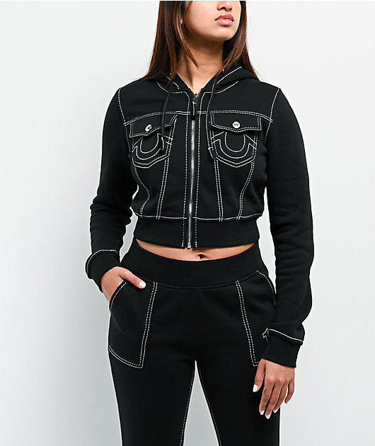 True Religion Big T Shrunken Black Crop Zip Hoodie | Zumiez