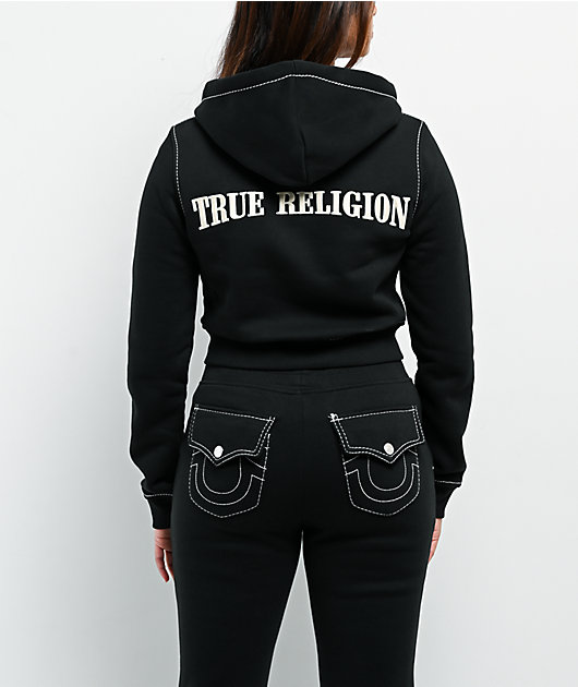 True Religion Big T Shrunken Black Crop Zip Hoodie | Zumiez